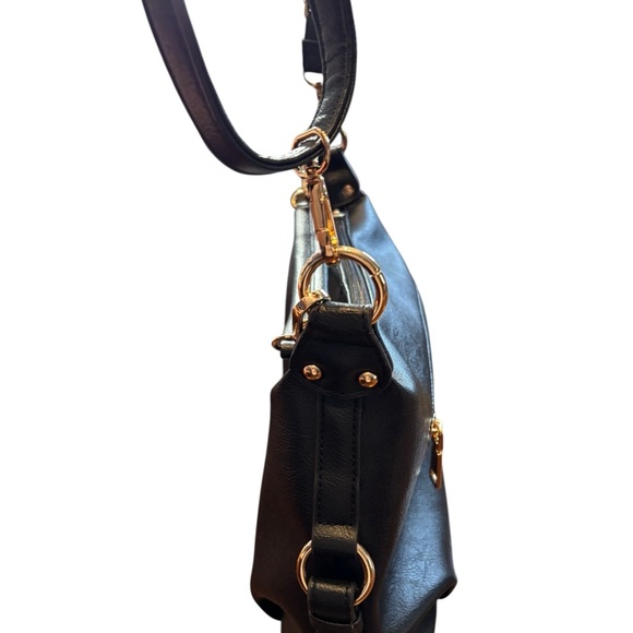Black Faux Leather Convertible Shoulder Crossbody Bag Gold Hardware - Picture 6 of 11
